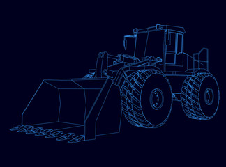 Contour of the bulldozer from the blue lines on a dark background. Vector illustration © German Ovchinnikov