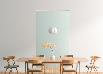 Spacious modern dining room with wooden chairs and table.  Minimalist dining room design. 3D illustration.