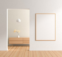 Fototapeta na wymiar Mock up poster frame in scandinavian style interior with wooden furnitures. Minimalist interior design. 3D illustration.