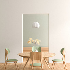 Spacious modern dining room with wooden chairs and table.  Minimalist dining room design. 3D illustration.