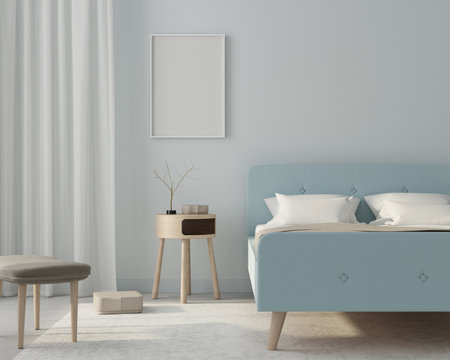 Mock up bedroom interior in a light blue color with poster. 3d render
