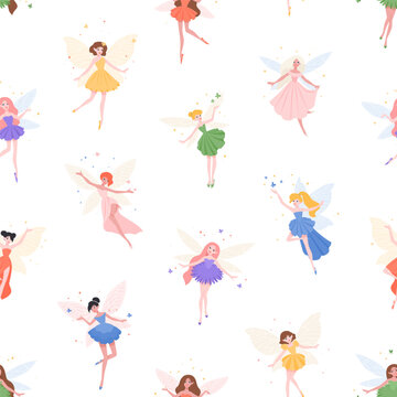 Seamless pattern with cute fairies on white background
