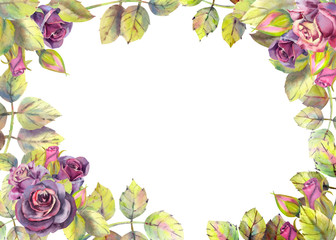 Horizontal frame with dark rose flowers. Compositions for the design of greeting cards or invitations. Vector illustration