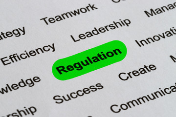 Obraz premium Regulation - Ethics Business Buzzwords, printed on white paper and hihglighted