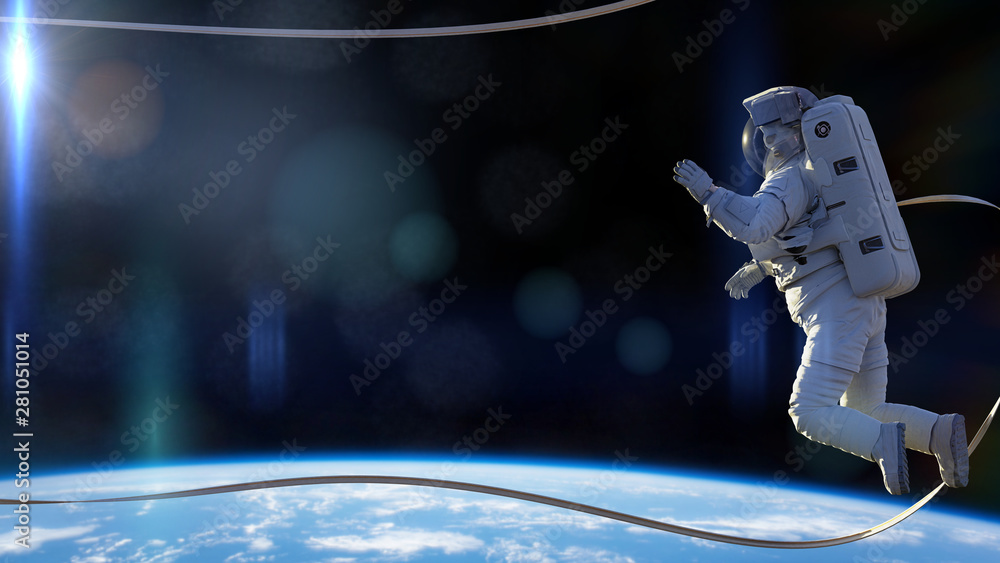 Wall mural astronaut with safety tether performing a spacewalk in empty space