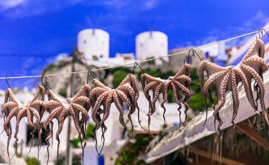 Traditional greek sea food - dry octopus. Tavern in Leros island, Didecanese, Greece