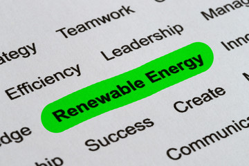 Renewable Energy - Ethics Business Buzzwords, printed on white paper and hihglighted