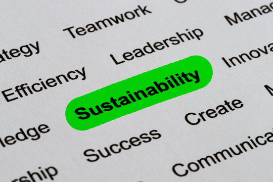 Sustainability - Ethics Business Buzzwords, printed on white paper and hihglighted
