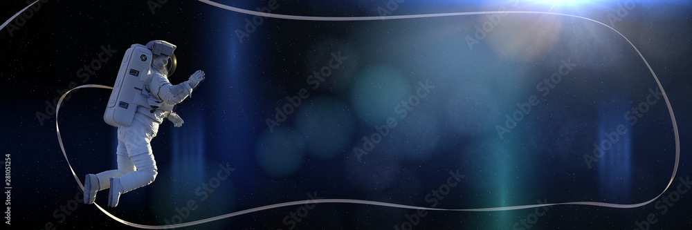 Wall mural astronaut with safety tether performing a spacewalk in empty space