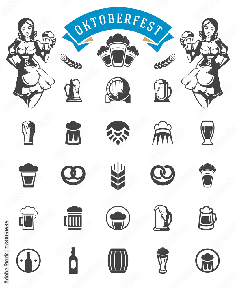 Wall mural Oktoberfest celebration beer festival icons and objects set