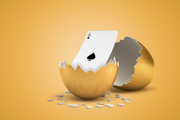 3d rendering of playing ace of spades card hatching out of golden egg on yellow background