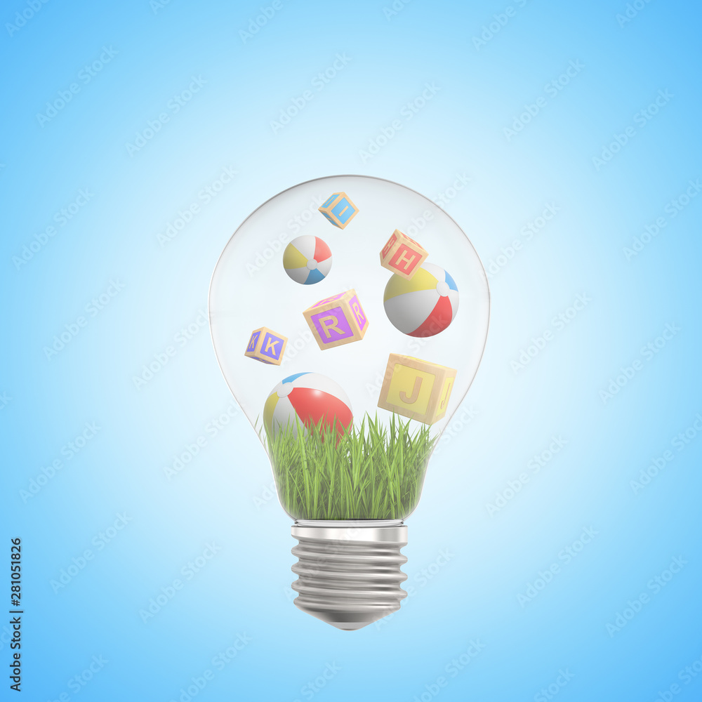 Poster 3d rendering of lightbulb with inflatable balls and abc blocks inside on light-blue background.