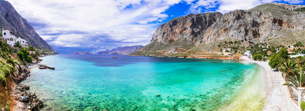 Kalymnos island Greece high resolution panorama of Arginonta bay turquoise beach  scenic landscape of Dodecanese Greek islands. Professional World Print quality 12k turquoise sea and rocky coast
