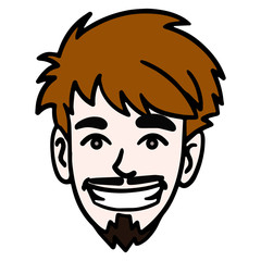 Face of a young man with brown curly head and beard who laughs. Character, scribble, outline, comic, ink, sketch, doodle, vector, illustration, line, cartoon, black, white, drawing, stroke