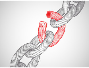 Broken chain link. The concept of data protection technology: a weak link in the system of digital data transfer. Hacker attack on the network. Digital background. EPS 10, vector illustration.