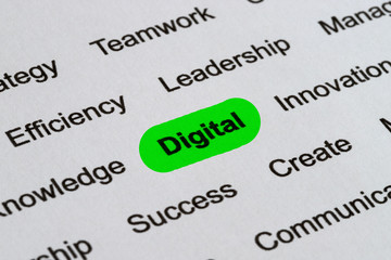Obraz premium Digital - Technology Business Buzzwords, printed on white paper and highlighted