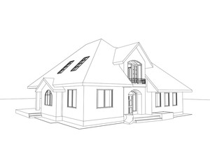 3D suburban house. Drawing of the modern building. Cottage model isolated on white background. Vector blueprint.