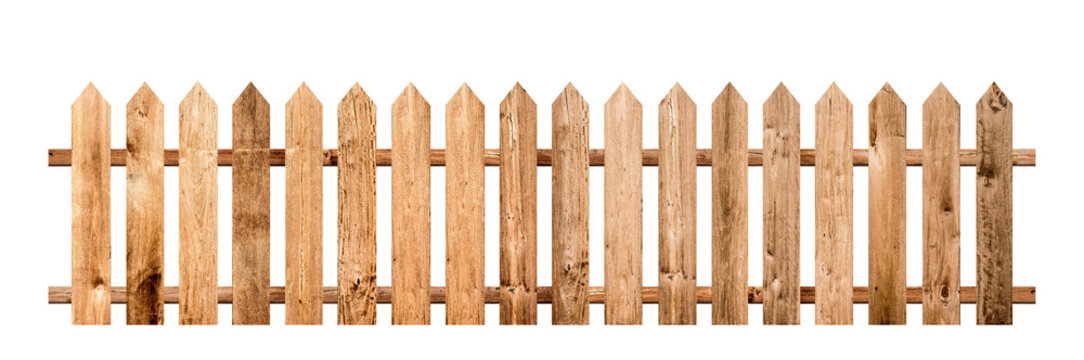 Brown wooden fence isolated on a white background that separates the objects. There are Clipping Paths for the designs and decoration