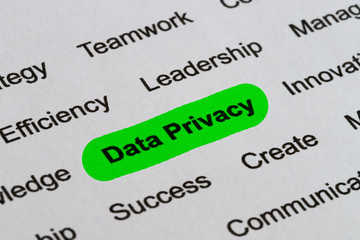 Data Privacy - Technology Business Buzzwords, printed on white paper and highlighted
