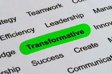 Transformative - Technology Business Buzzwords, printed on white paper and highlighted