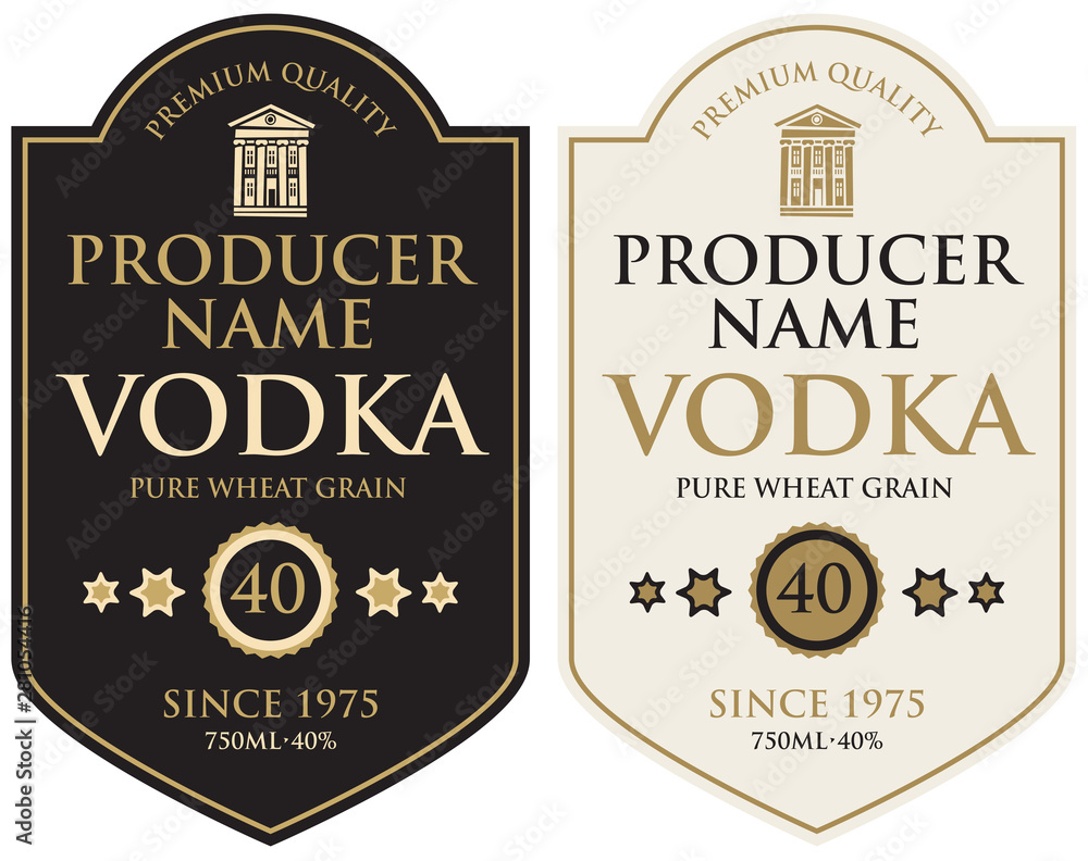 Poster set of two vector labels for vodka in the figured frame with old building and inscriptions in retro 