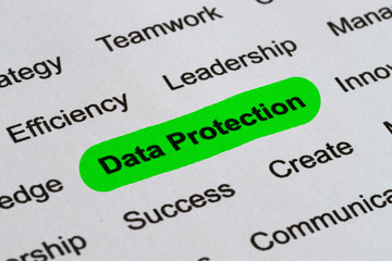 Obraz premium Data Protection - Technology Business Buzzwords, printed on white paper and highlighted