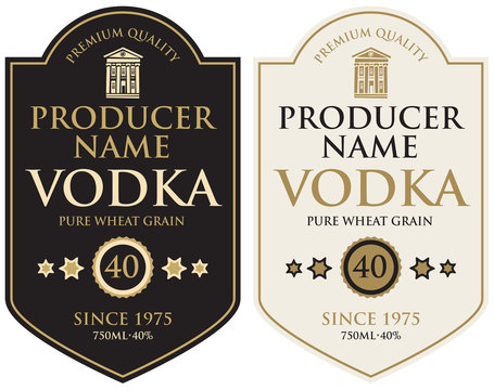 Set of two vector labels for vodka in the figured frame with old building and inscriptions in retro style. Premium quality, pure wheat grain