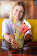 Refreshing strawberry lemonade at a terrace