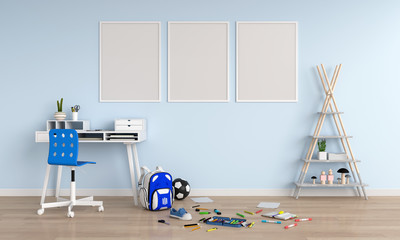 Three empty photo frame for mockup in child room, 3D rendering