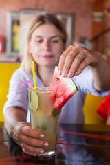 Fototapeta premium Refreshing strawberry lemonade at a terrace
