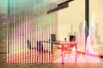 Business theme graph hologram with minimalistic cabinet interior background. Double exposure. Stock market concept.