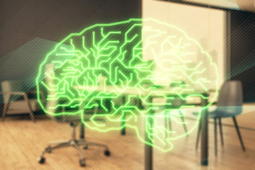 Brain sign hologram with minimalistic cabinet background. Double exposure. Ai concept.