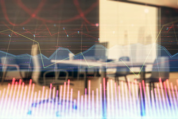 Business theme graph hologram with minimalistic cabinet interior background. Double exposure. Stock...