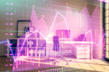 Forex chart hologram with minimalistic cabinet interior background. Double exposure. Stock market concept.