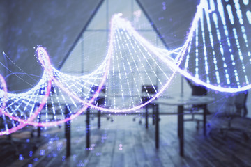 Double exposure of DNA hologram on conference room background. Concept of education