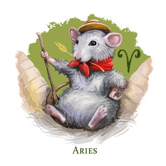 Aries creative digital illustration of astrological sign. Rat or mouse symboll of 2020 year signs in zodiac. Horoscope fire element. Logo sign with ram horns. Clip art for web and print. Add any text.