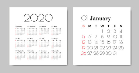 Calendar 2020. Vector design template.