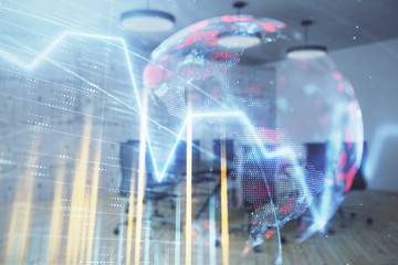 Obraz premium Double exposure of stock market graph with globe hologram on conference room background. Concept of international finance