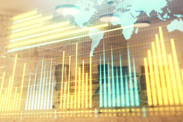 Double exposure of stock market graph with globe hologram on conference room background. Concept of international finance