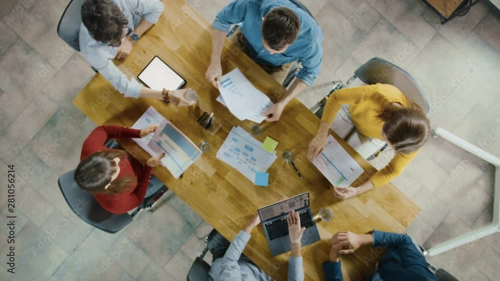 Poster startup meeting room: team of entrepreneurs sitting at conference table have discussions, solve prob