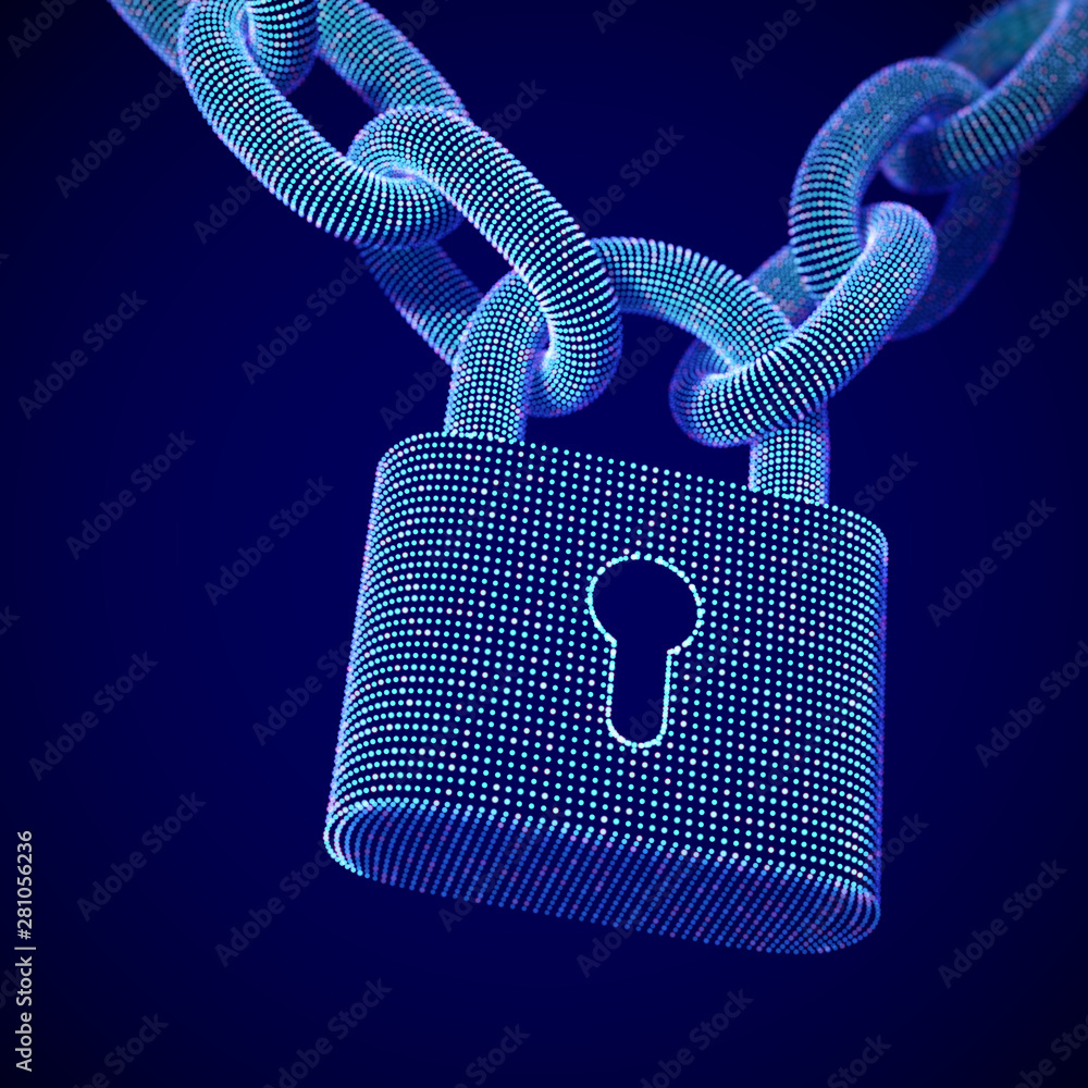 Aufkleber the concept of digital security and data protection: a closed lock on the chain on dark background. 