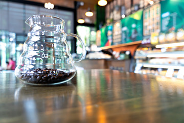 Coffee beans with glass for decorate at coffee shop