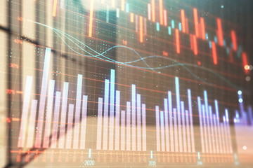 Double exposure of financial graph on empty room interior background. Forex market concept.