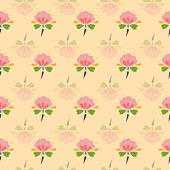 Fototapeta na wymiar Apricot folk art floral pattern with pink and green blossom. Surface pattern design.