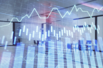 Stock and bond market graph with trading desk bank office interior on background. Multi exposure. Concept of financial analysis