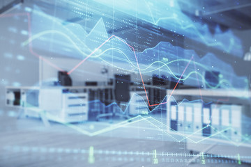 Stock market chart with trading desk bank office interior on background. Double exposure. Concept of financial analysis