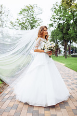 Fototapeta na wymiar beautiful bride in nature, portrait of a girl in a white dress
