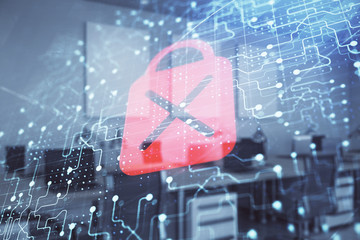 Lock icon drawing with office interior on background. Double exposure. Concept of data security