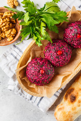 Georgian traditional beet pkhali in wooden bowl.