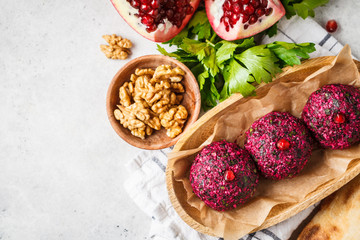 Georgian traditional beet pkhali in wooden bowl.